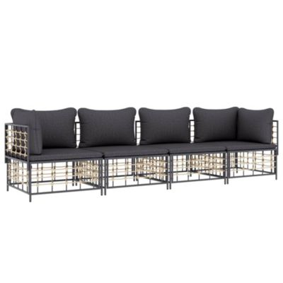 ZMH Salon De Jardin 4 Pièces Avec Coussins Anthracite Résine Tressée
