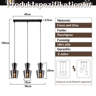 ZMH Suspension Salle à Manger 1/3 Flammes E27 Gris Fumé Suspension Chambre Hôtel