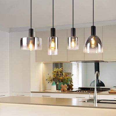 ZMH Suspension verre 4 luminaire suspension E27 Gris Fumée 180cm Suspension Noire Cage D'escalier
