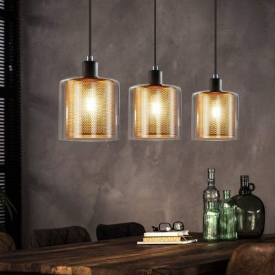ZMH Suspension Vintage 3 Flammes Verre Métal Réglable Noir E14