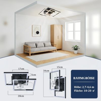 ZMH  Ventilateur De Plafond Noir Silencieux Avec Éclairage 6 Vitesses 3000-6500k Avec Télécommande Été/Hiver 20m²