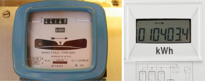 Compteur électrique électromécanique à gauche et électronique à droite