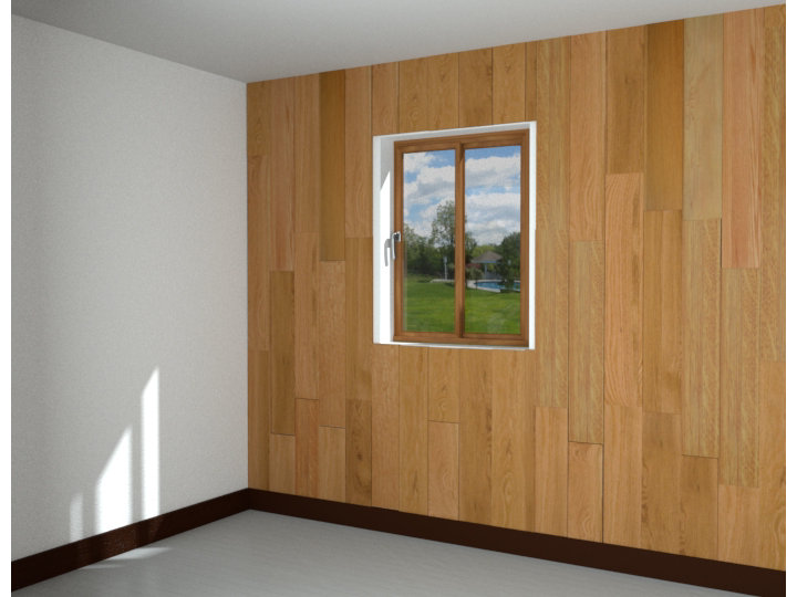 Mur avec une fenêtre et du lambris bois posé verticalement
