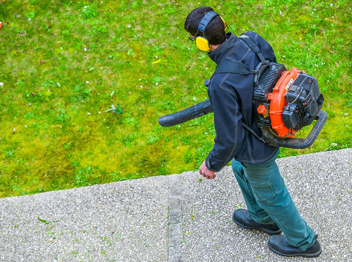 Personne utilisant aspirateur souffleur sur l'herbe