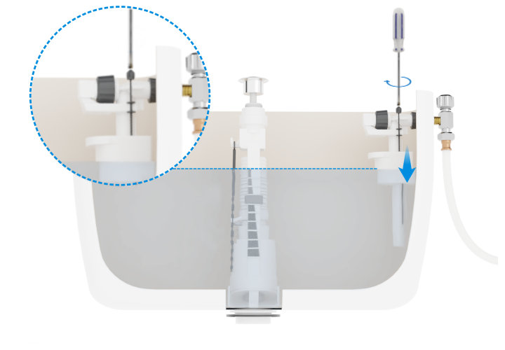 Schéma cuve chasse d'eau avec système à poussoir et zoom sur mécanisme