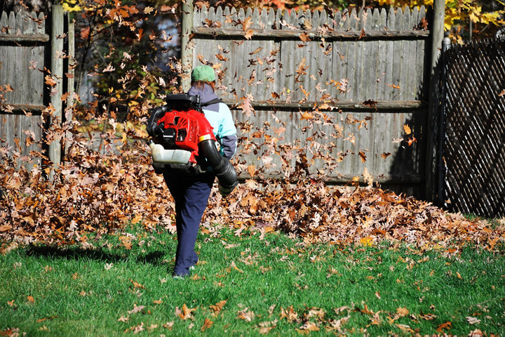 Personne utilisant un aspirateur souffleur thermique dans son jardin