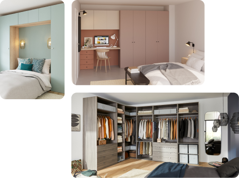 3 visuels montrant des dressings vert, rose et bois