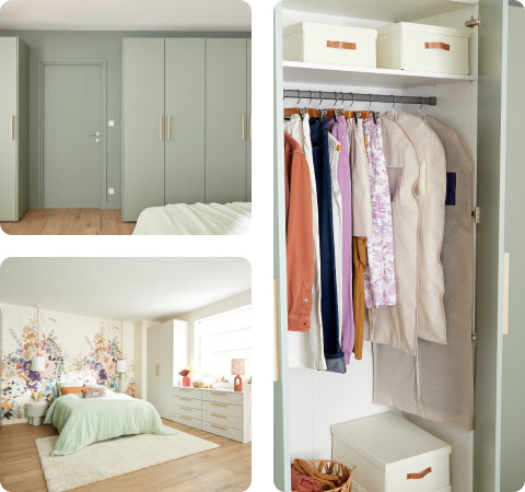 4 visuels montrant dressing et commode blanche