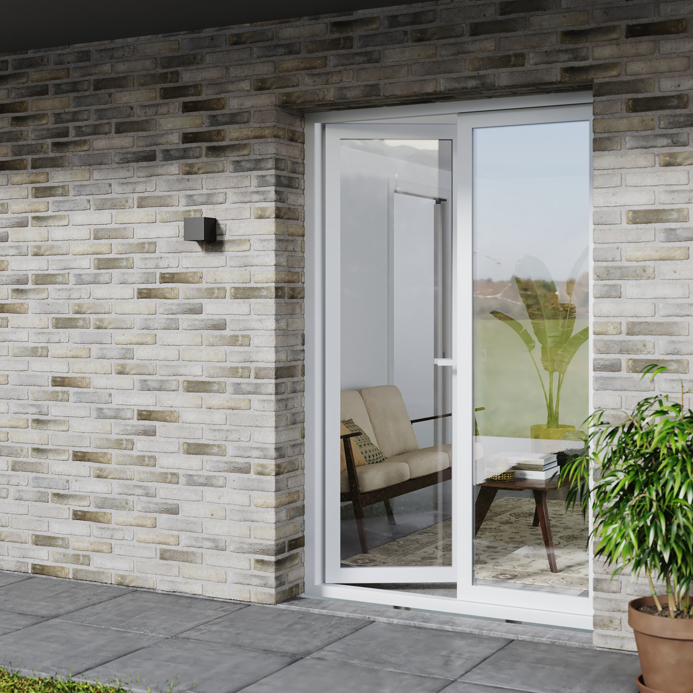 Vue de l'extérieur d'une porte fenêtre double en PVC
