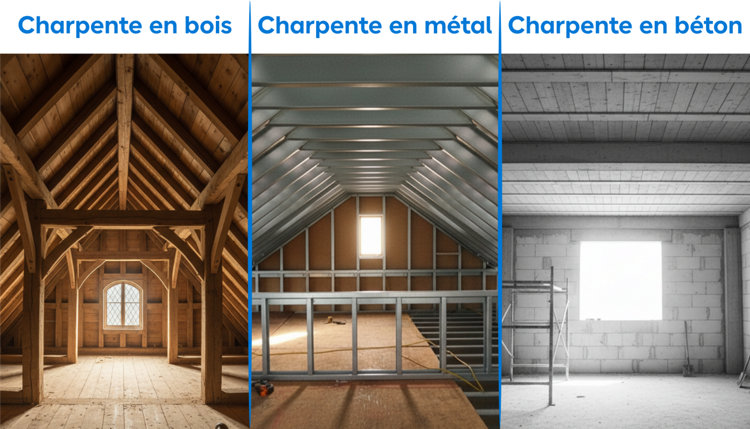 Illustration de charpentes en bois, en métal et en béton