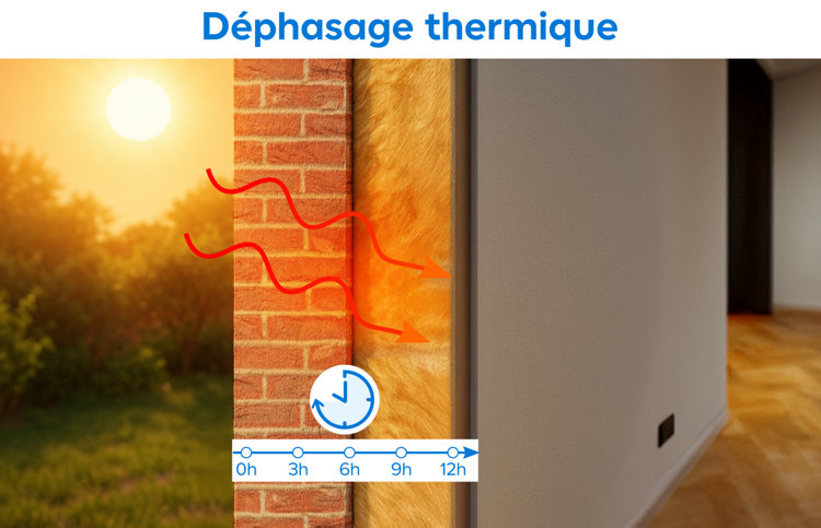 Critère peu mis en évidence pendant longtemps, le déphasage thermique est un indicateur essentiel pour connaître la performance de votre isolant face à la chaleur extérieure.   Il correspond au temps que prend l’isolant à transmettre la chaleur extérieure à l’intérieur. Il est noté en heures ou en minutes, pour une épaisseur d’isolant donnée.   Un isolant au déphasage thermique fort permet ainsi de réaliser des économies de climatisation en cas de fortes chaleurs.   En moyenne, il est conseillé de choisir une épaisseur d’isolant correspondant à 10 h minimum de déphasage, ce qui requiert parfois de doubler l’épaisseur d’isolant choisi.   Il est donc important pour un logement ou une maison exposée aux fortes chaleurs de combiner un déphasage thermique long et une résistance thermique forte.