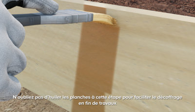 Illustration de l'apllication d'huile à l'intérieur des planches de coffrage pour faciliter plus tard le décoffrage.