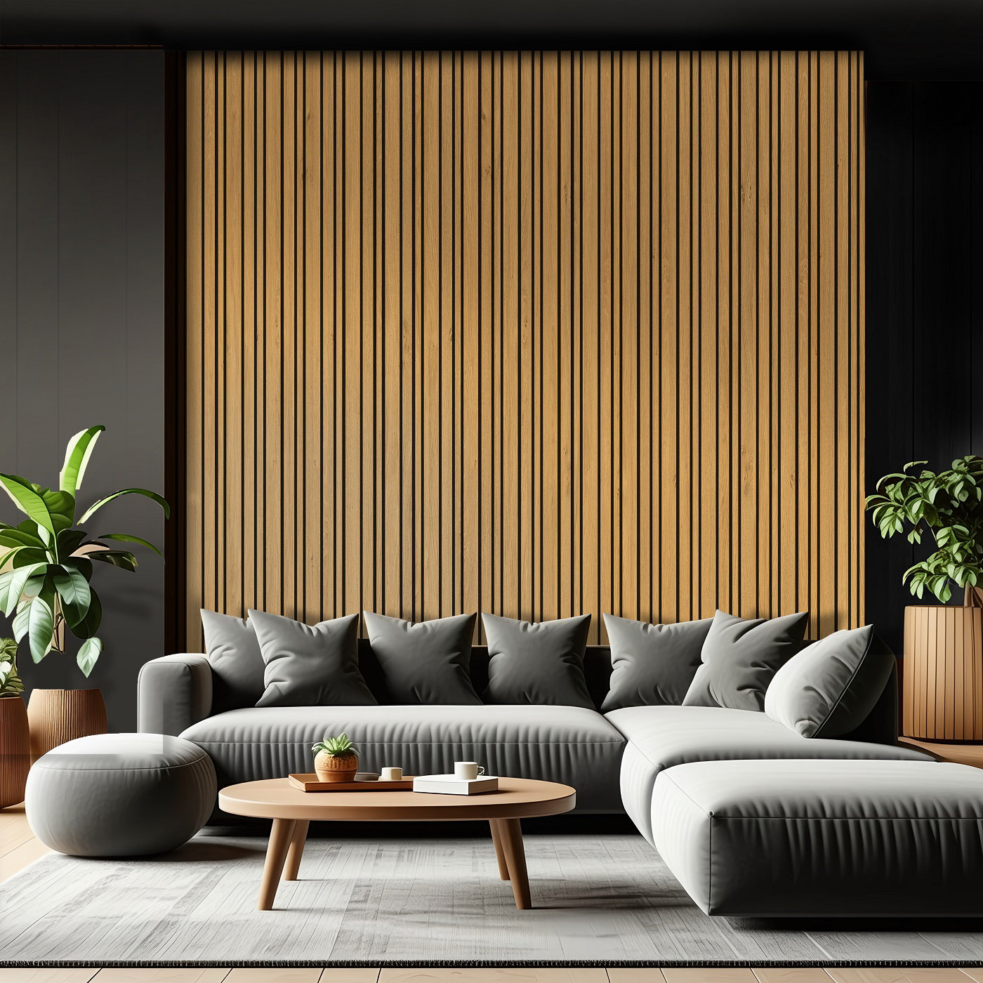 Photo d'un salon avec un canapé d'angle gris et des panneaux décoratifs en bois clair au mur