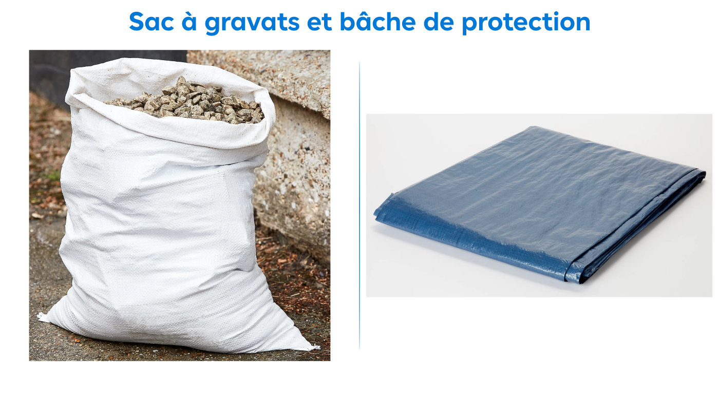 Sac à gravats plein et bâche de protection