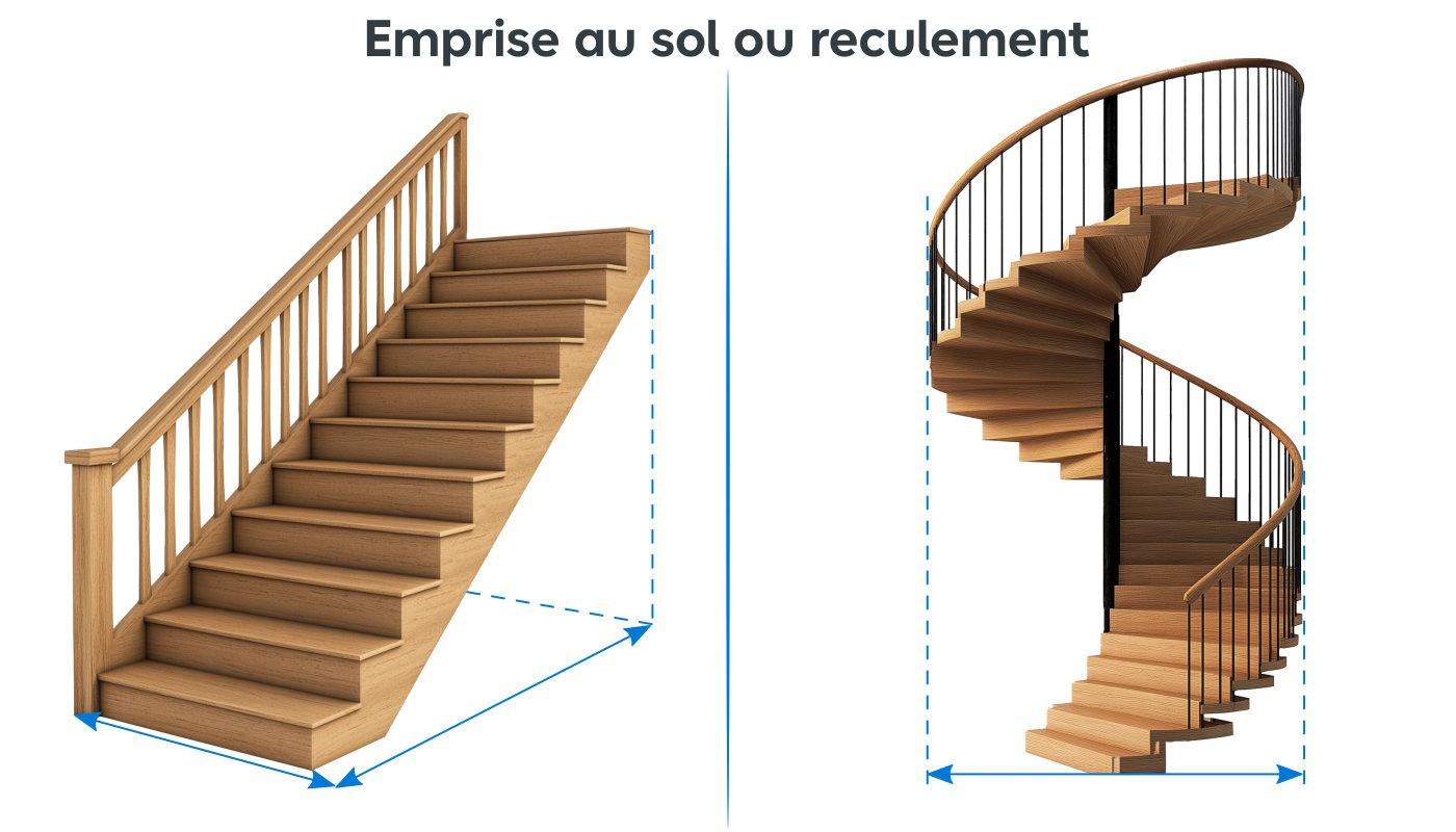 Dessin escalier droit et colimaçon de l'emprise au sol ou reculement
