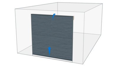 À l’ouverture de la porte de garage enroulable, les lames, guidées par des coulissants, s’enroulent dans un coffre fixé au plafond ou derrière le linteau