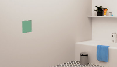 Salle de bain blanche avec plaque verte au mur