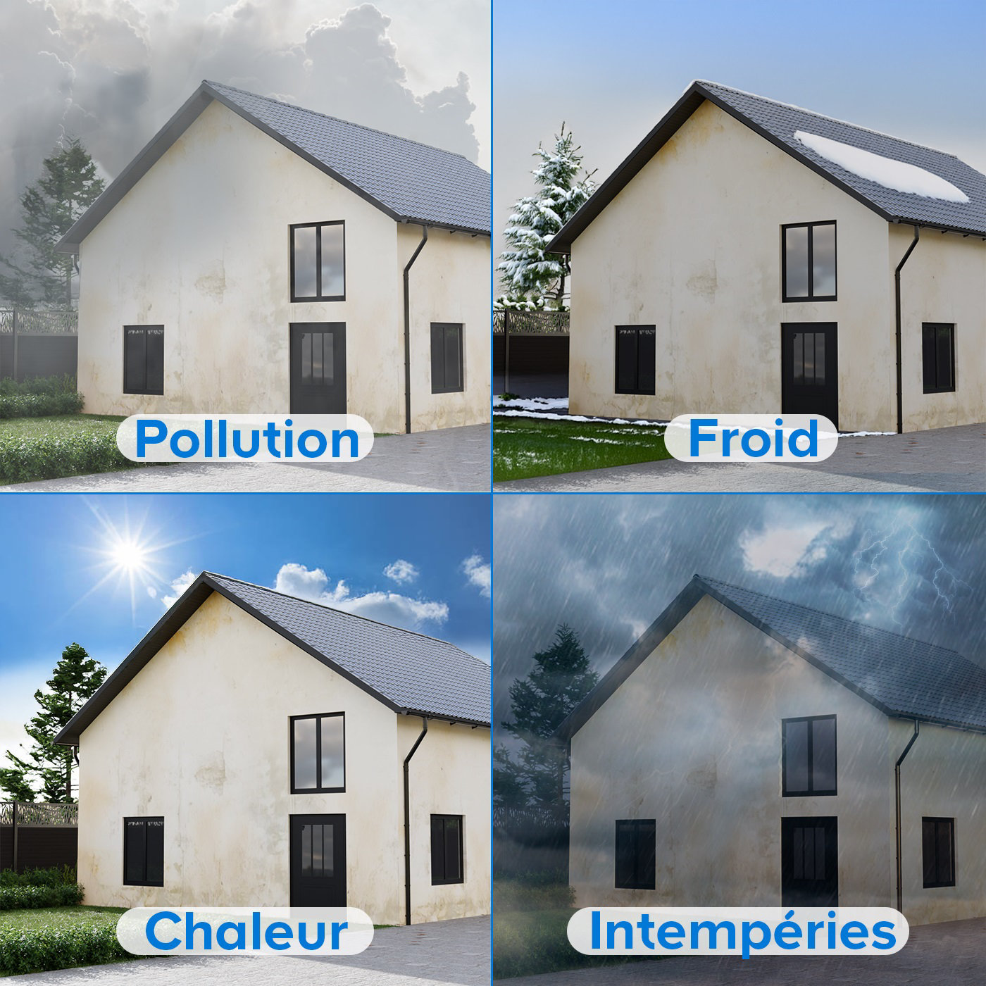 4 façades mise en situation, pollution, froid, chaleur et intempéries