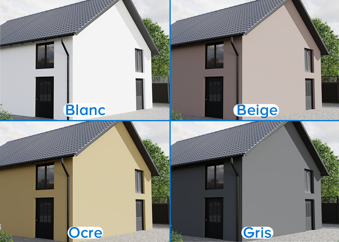 4 façades blanc, beige, ocre et gris