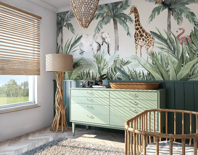 Chambre bébé lit rotin thème jungle