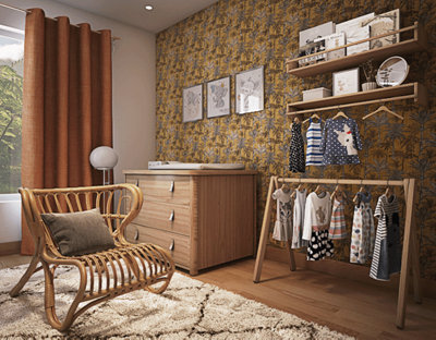 chambre de bébé avec porte manteau, chaise rotin et commode