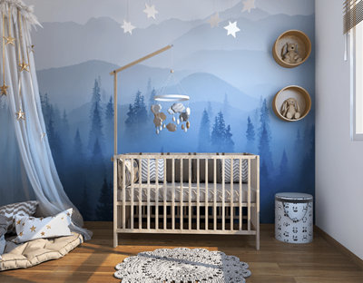 Chambre bébé thème forêt bleu