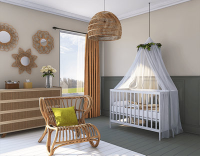 Chambre bébé avec lit blanc chaise osier et parquet mi blanc mi vert