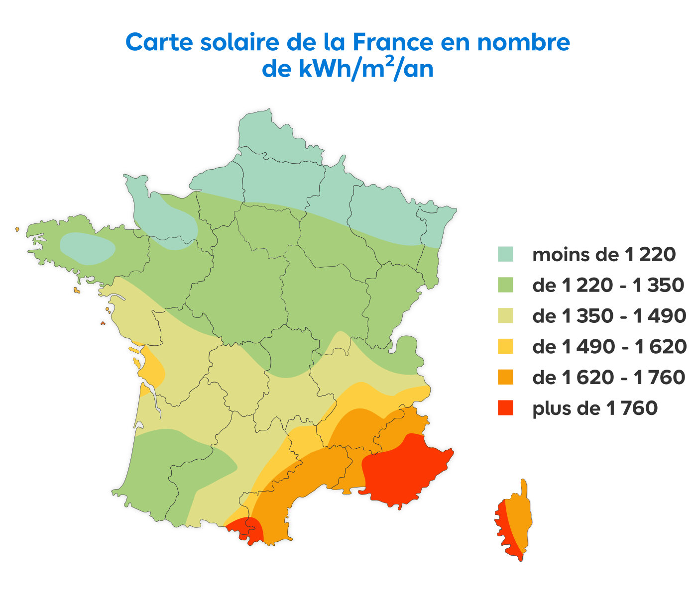 Carte solaire de la France en nombre de kWh/m²/an