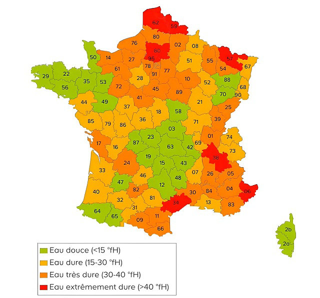 Carte de France de la dureté de l'eau par région