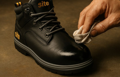 Personne nettoyant chaussure sécurité en cuir