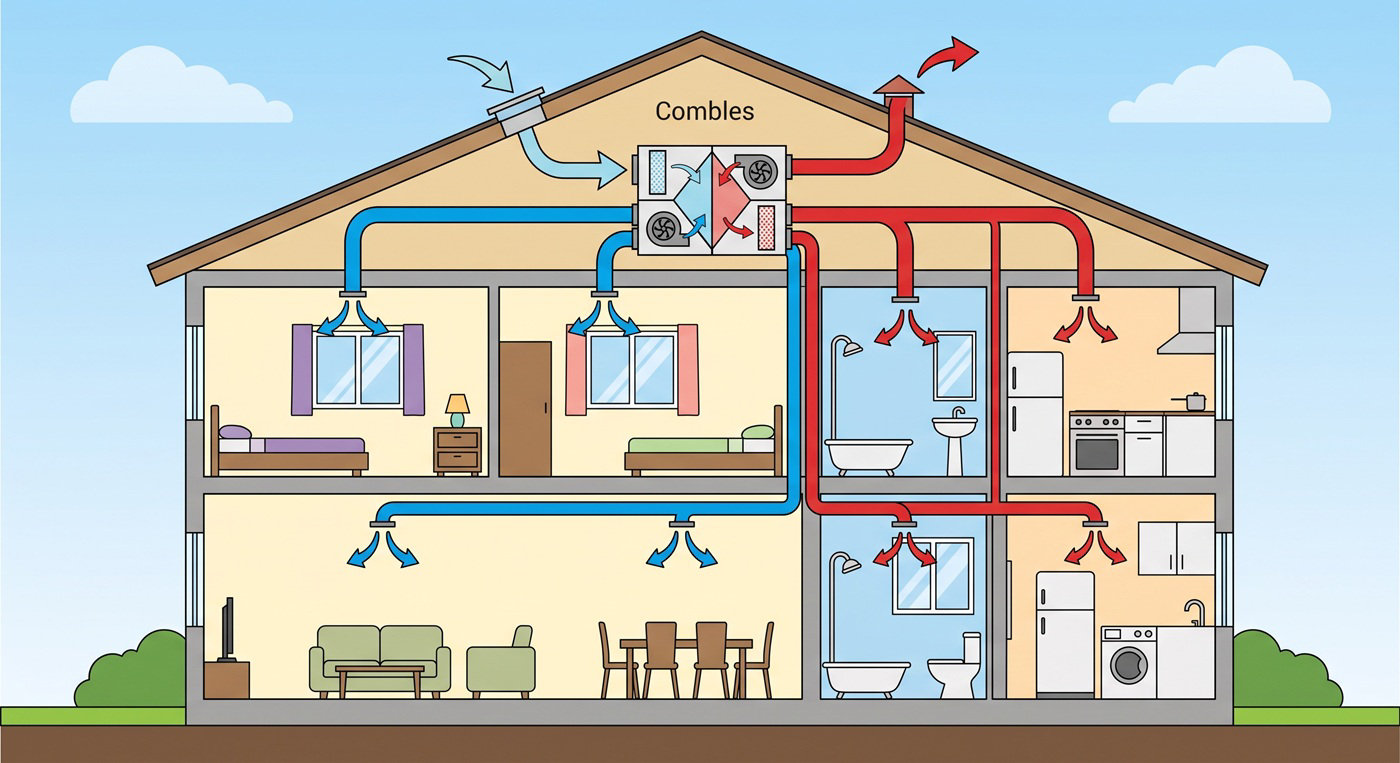 Plan de VMC double flux installée en combles : ventilation optimale de toutes les pièces (cuisine, sdb, chambres). Guide pour votre projet.