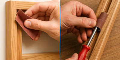 Illustration du ponçage de précision sur un cadre en bois