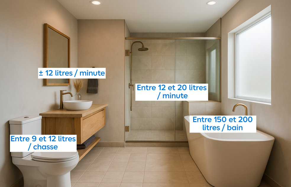 Le nombre de litres utilisés dans la salle de bains