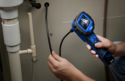 Personne qui recherche une fuite d'eau dans mur avec appareil adapté