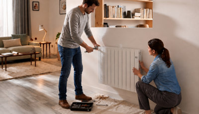 Deux bricoleurs fixent un radiateur électrique mural à inertie sur le mur d'un salon.