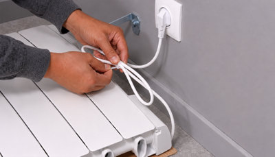 Installation radiateur électrique : Raccorder le fil pilote, branchement prise murale et support de fixation.
