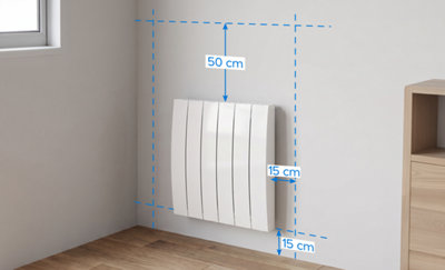 Distances de sécurité pour poser un radiateur électrique mural : 15 cm du sol et des côtés, 50 cm au-dessus selon les normes en France.