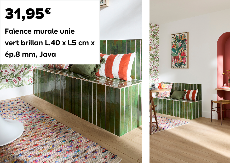 31,95 offerts € Faïence murale unie vert brillan L.40 x l.5 cm x ép.8 mm, Java