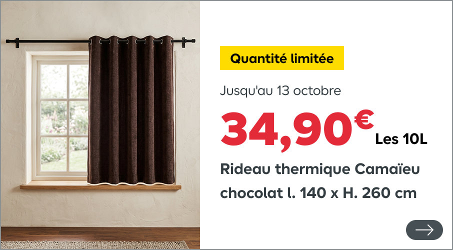 Quantité limitée Jusqu'au 13 octobre34,90 €   Les 10L Rideau thermique Camaïeu chocolat l. 140 x H. 260 cm Existe en mat, velours et satin