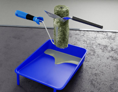 Passage spatule sur rouleau de peinture au dessus d'un bac