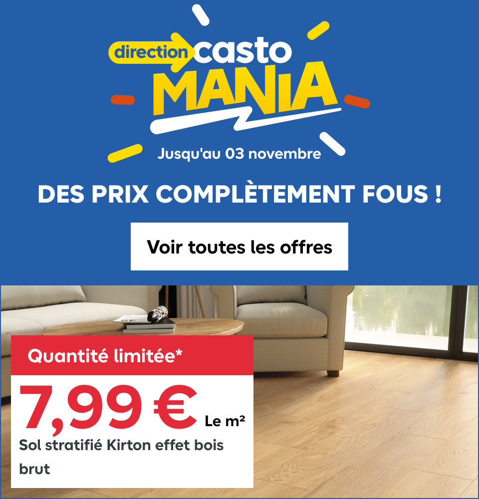Direction Castomania , jusqu'au 3 novembre, des prix complètement fou. Quantité limitée 7,99 € Le m2, Sol stratifié Kirton effet bois brut