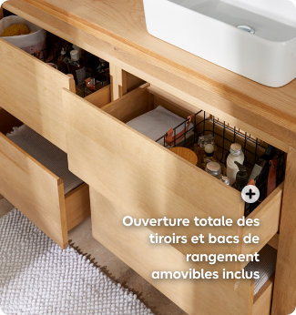 Ouverture totale des tiroirs et bacs de rangement amovibles inclus