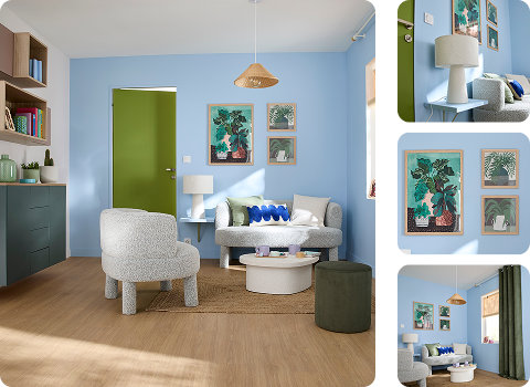 Saison kaki chambre avec mur bleu et porte verte