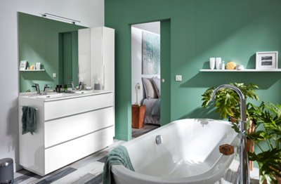Large miroir rectangulaire et salle de bains lumineuse