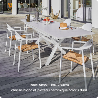 Table Absolu 180-280cm châssis blanc et plateau céramique coloris dual