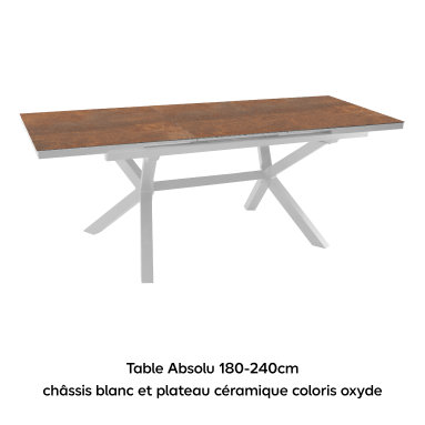 Table Absolu 180-240cm châssis blanc et plateau céramique coloris oxyde