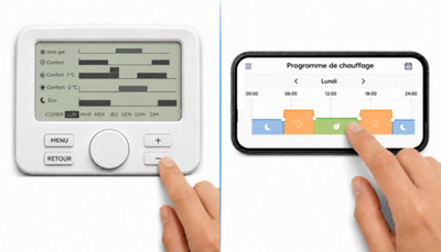 Comparaison entre la programmation du chauffage sur boîtier mural et le contrôle à distance via une application smartphone.
