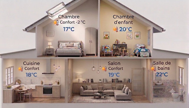 Schéma des températures idéales pièce par pièce dans la maison : 19 °C dans le salon, 17 °C dans la chambre et 22 °C dans la salle de bains.