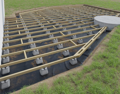 Image de plots béton sur géotextile et des lambourdes installées par-dessus