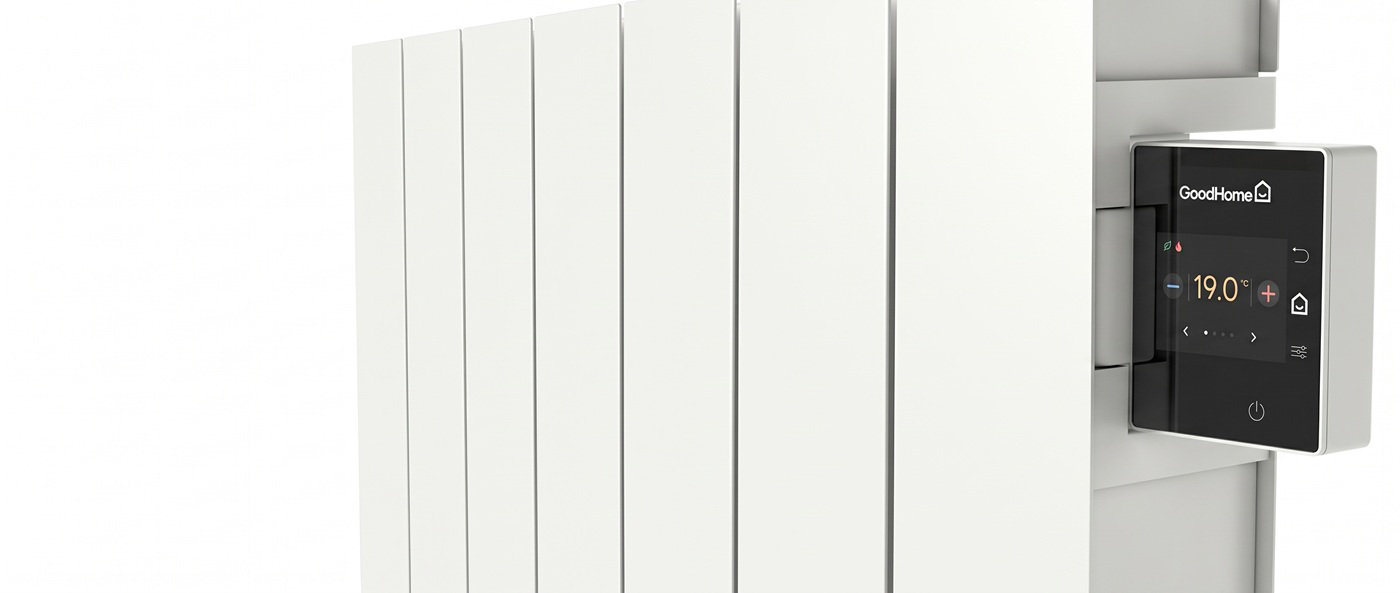 Radiateur électrique connecté blanc GoodHome avec thermostat digital programmable pour logement en France